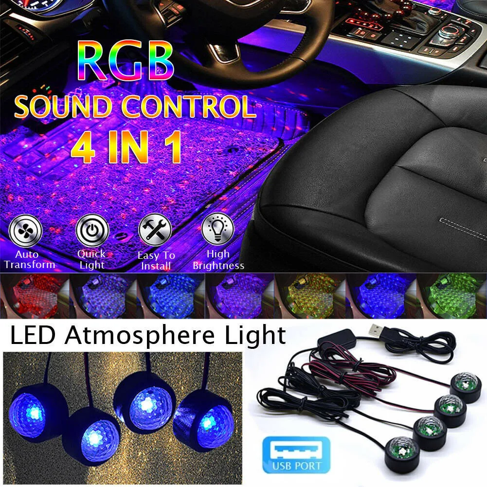 

4 In 1 Rgb Led Atmosphere Car Light Interior Ambient Fiber Optic Strips Star Light By Music Control Diy Music Fiber Optic Band