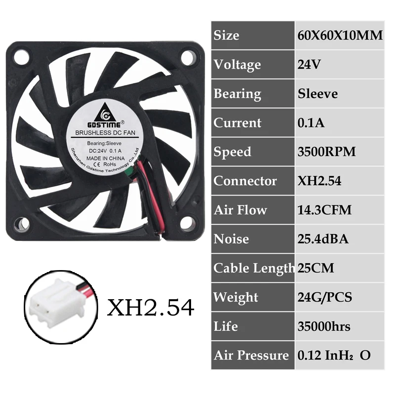 0.1A6010S24V2P2.54 2 шт. Gdstime 2Pin DC 5 в 12 В 24 в 24 вольт 6 см 60x60x10 мм 60 мм двойной шариковый подшипник Бесщеточный вентилятор охлаждения 60 мм x 10 мм кулер - Цвет лезвия: 0.1A6010S24V2P2.54