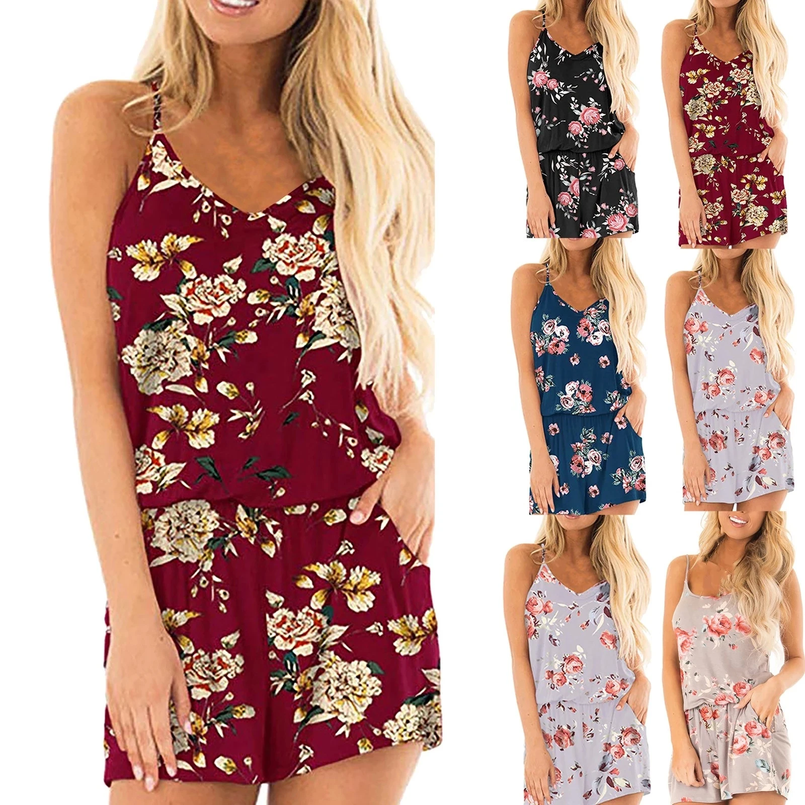 Женский комбинезон без рукавов с цветочным принтом элегантный открытой спиной