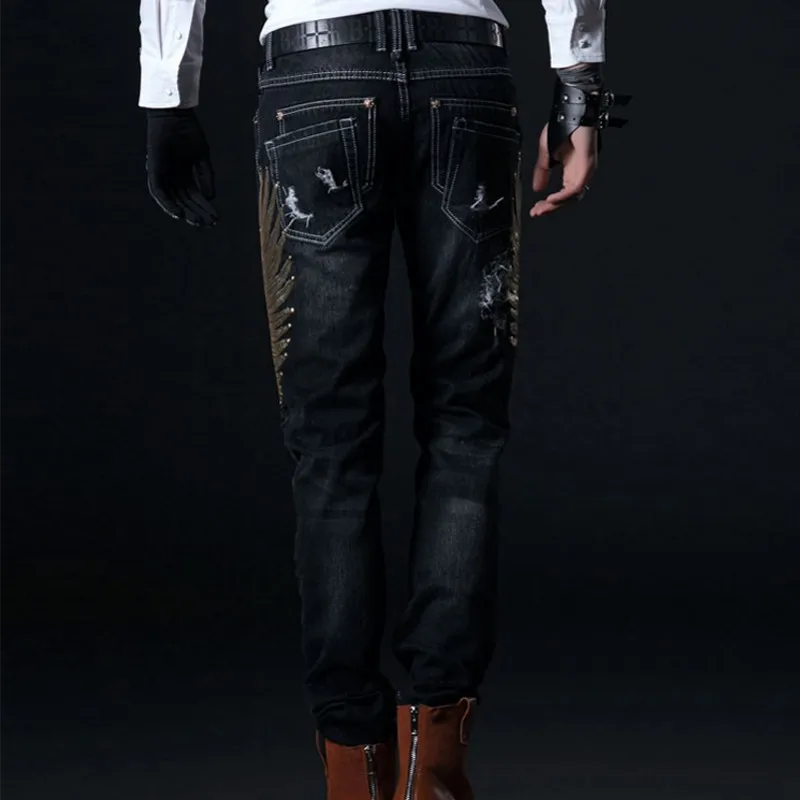 Джинсы 2023 мужские корейские облегающие байкерские джинсовые брюки с вышивкой и