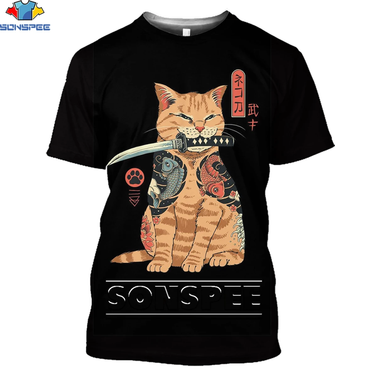 Мужская футболка SONSPEE с 3D-принтом японских тату-самураев и кошек Забавные