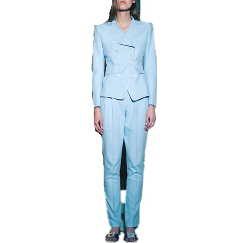 Модные женские светильник синие штаны костюм Slim Fit куртки с брюками в винтажном