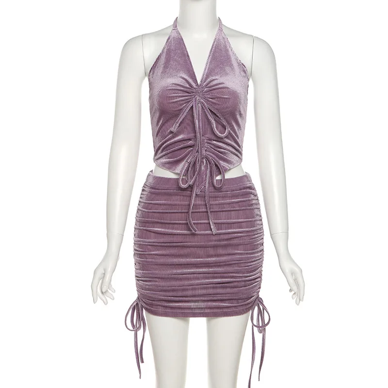 

Summer Drawstring Ruched Halter Sexy Backless Mini Dress Holiday Skinny Sleeveless Club Party Bodycon Women Sets