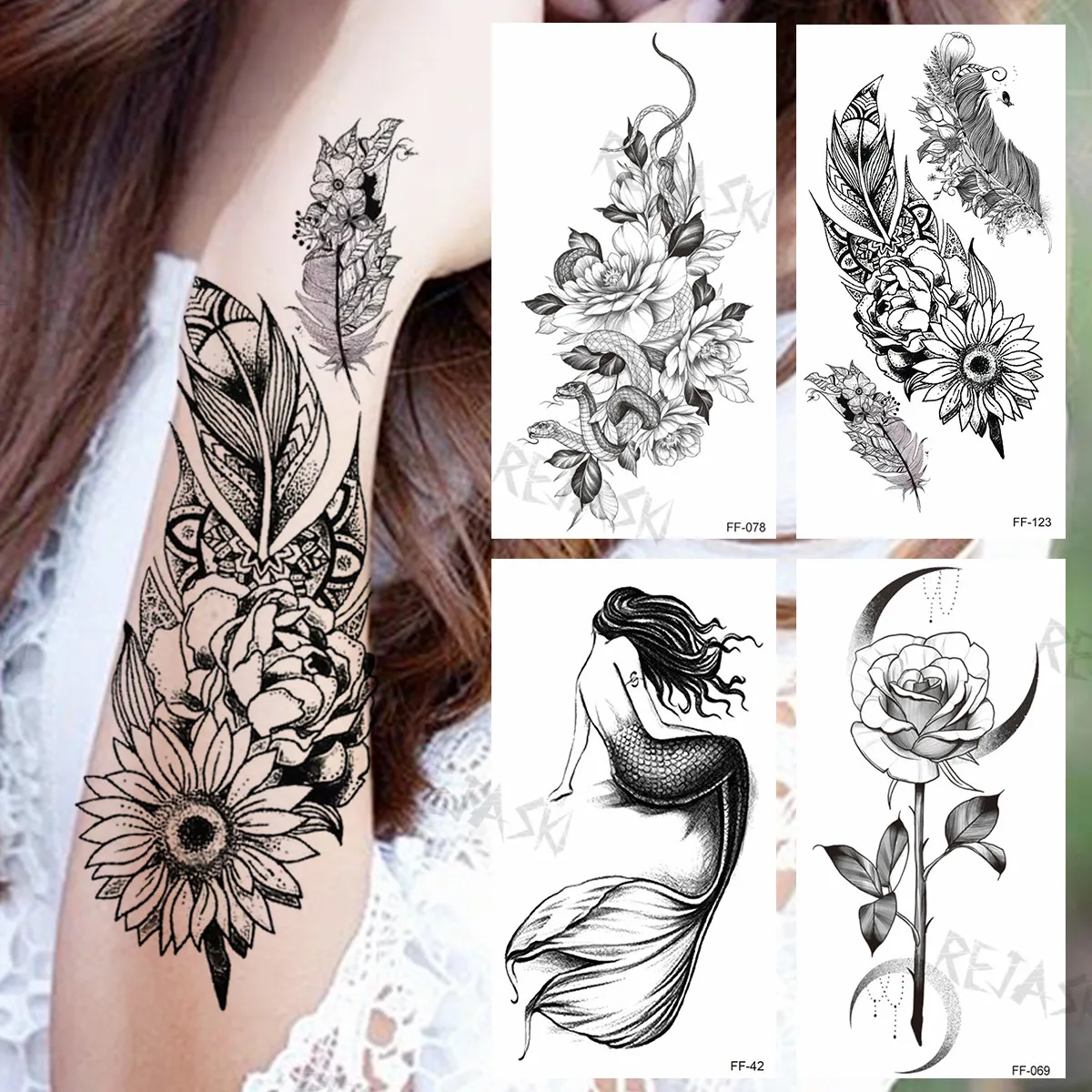 

Временные татуировки с хризантемами и перьями для женщин и девочек, реалистичные русалки, розы, змеи, георгина, искусственные татуировки на ...