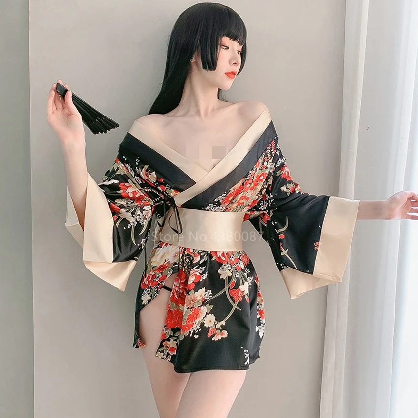 

Japanese Kimono Dress for Women Cardigan Sexy Floral Print Asian Obi Sleepwear Traditional Geisha Robe Vintage Clothes
