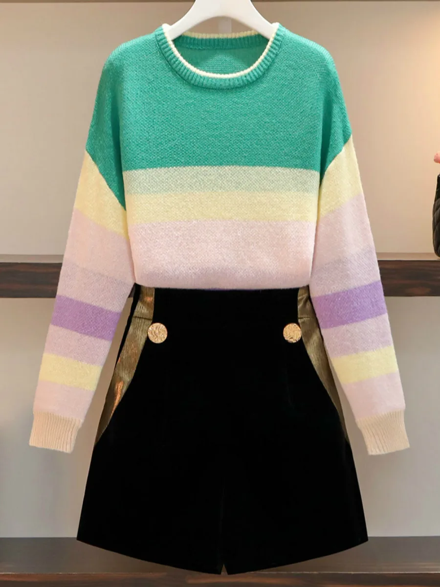 

Women's Sweater Suits 2020 Autumn Winter Striped Pullover Sweater and Woolen Shorts Two-piece Suits Female Long Sleeve Tops Sets