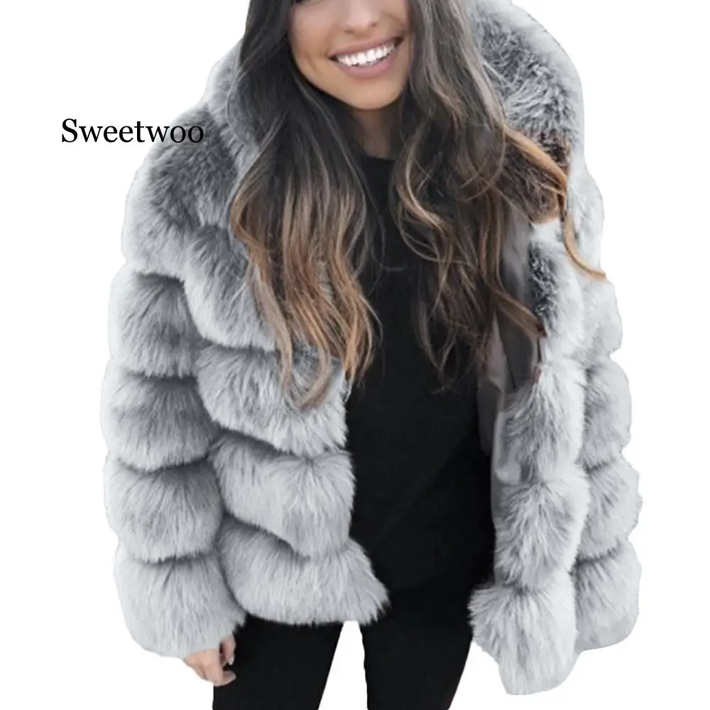 Women Faux Mink Winter Hooded New Faux Fur Jacket Warm Thick Outerwear Jacket Elegant Thick Warm Outerwear Fake Fur Jacket