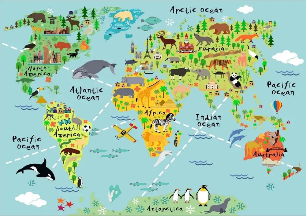 

Animal World Map Art Film Print Silk Poster Home Wall Decor 24x36inch