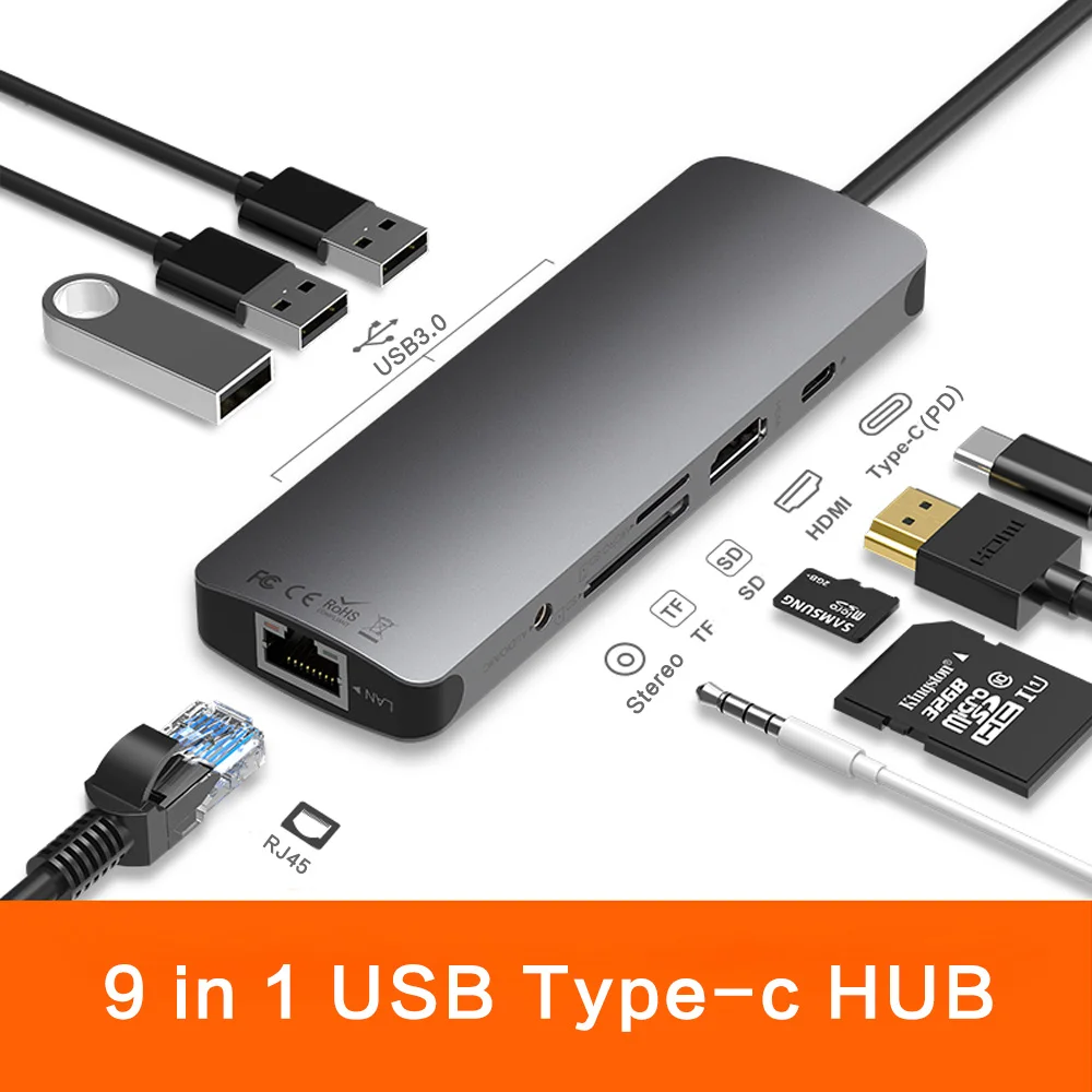 

USB C HUB USB to Multi HDMI USB 3.0 RJ45 Carder Reader OTG Adapter USB Splitter for MacBook Pro Air USB Dock Type C HUB 9-in-1