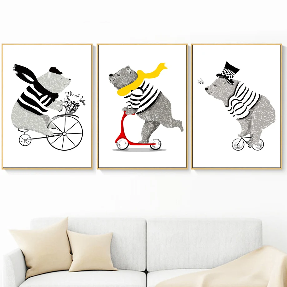 

Cartoon Bear Bicycle Nordic Canvas Painting Wall Art Nordic Posters and Prints Wall Pictures for Living Children Room Decoration