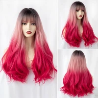 piaoyun pink red black gradient long waves natural soft new european american fashion synthetic wigs for womens daily wigs