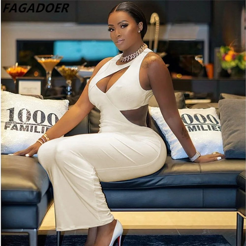 

FAGADOER White Hollow Out Sexy Bodycon Dress Women Sleeveless Elegant Long Maxi Dresses Summer Club Party Vestidos Streetwear