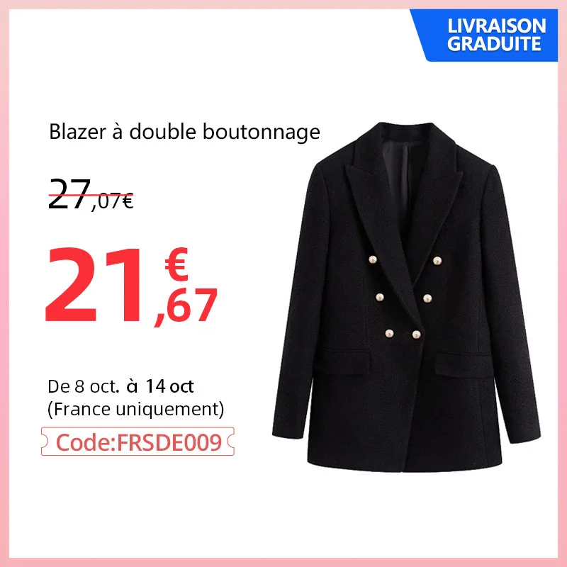 

KPYTOMOA Women 2021 Fashion Office Wear Double Breasted Tweed Blazer Coat Vintage Long Sleeve Pockets Female Outerwear Chic Tops