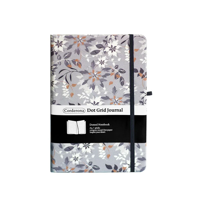 Grey Flowers A5 Bullet Dotted Journal Floral Hardcover Notebook Elastic Band Travel Planner Diary