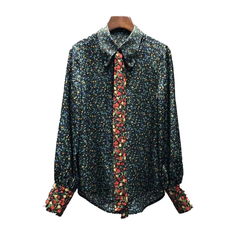 

AELESEEN 100% Silk Green Shirt Women Runway Fashion Bow Floral Print Office Ladies Elegant Working Blouse