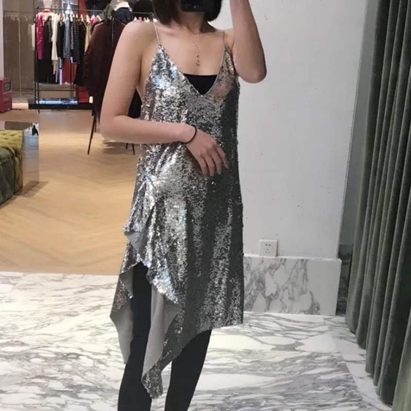 2020 Spring Autumn New V-Neck Sequined Slim Sexy Sleeveless Irregular Mini Dress Women Elegant Party Club Ladies Clothing | Женская