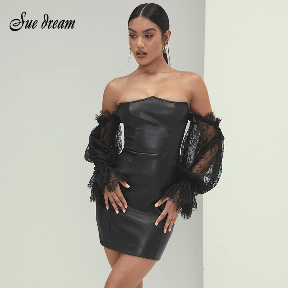 

2021 Summer Women's New Sexy Strapless Off Shoulder PU Faux Leather Lace Lantern Sleeve Mini Dress Elegant Club Party Dress Vest