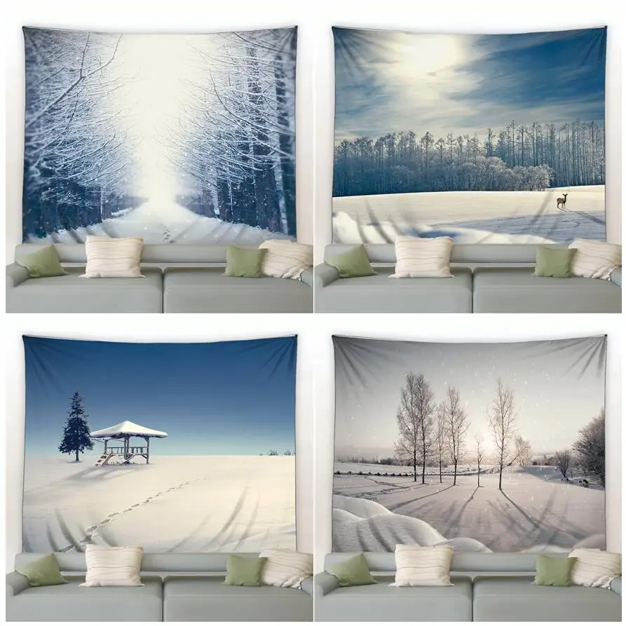 

3D Winter Forest Tapestry White Snow Trees Natural Landscape Tapestries Modern Scenery Home Living Room Dorm Decor Wall Hanging