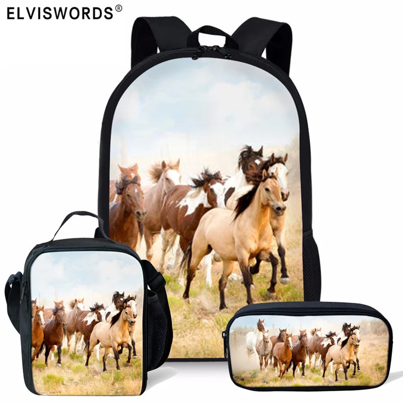 Школьные сумки ELVISWORDS с крутым принтом лошади, 3 шт./компл., сумки для книг для мальчиков и девочек, школьный рюкзак, дорожная сумка через плечо...