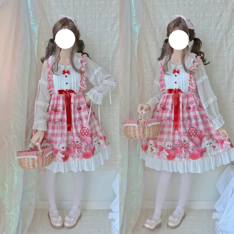 

Kawaii Lolita Strawberry Sleeveless Cute Rabbit Sweet Lolita JSK Dress Girl's Princess Dress