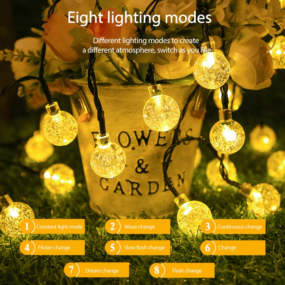 

Solar String Lights Outdoor 60 Led Crystal Waterproof Solar Powered Globe with 8 Modes Patio Light Garden Party Decoration