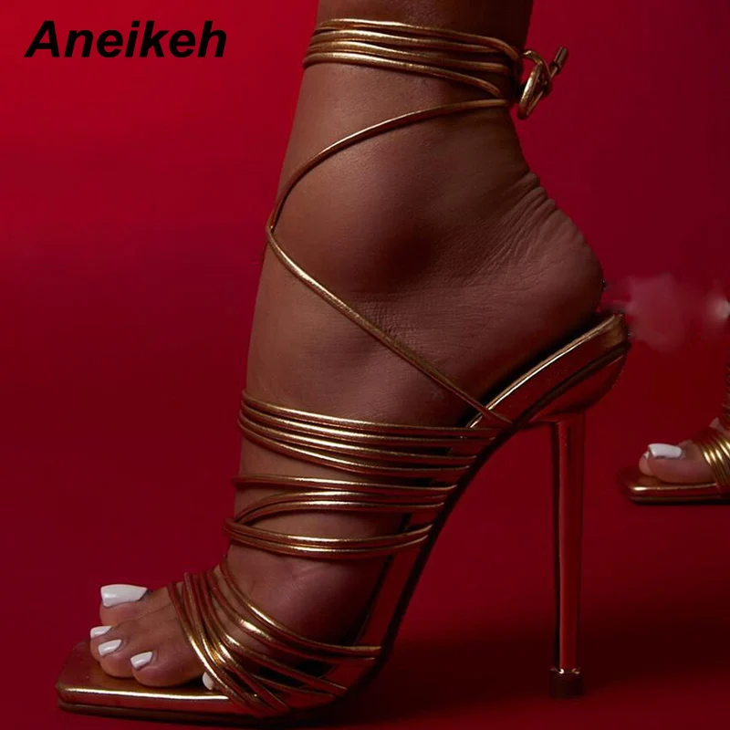 

Aneikeh GLADIATOR Narrow Band Women Shoes Summer 2022 Ankle Thin Heels Gold Sandals High Cross-Tied Nightclub Sandalias PU NEW