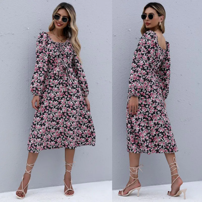 Women's 2021 Autumn New Printed Square Neck Elastic Pleated with Lace European and American Vintage Sexy Women Designer Dress