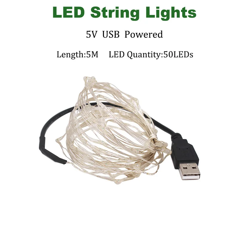 5M USB Powered Сказочный светильник s Led медный 1-10 м Рождественская лампа CR2032 кнопка батареи светодиодный светильник-Гирлянда для украшения рождества и свадьбы - Испускаемый цвет: 5M USB Powered