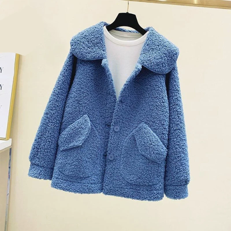 

Faux Fur Thick Coat Kpop Women Autumn Warm Soft Loose Jacket Female Outerwear Button Plush Ladies Casual Winter Overcoat Vintage