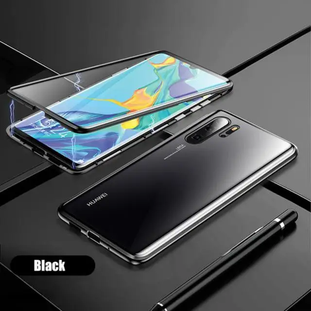360 полная защита двухсторонний стеклянный чехол для телефона huawei P30 Pro P30 P30 Lite магнитный металлический изогнутый защитный чехол для экрана - Цвет: Черный