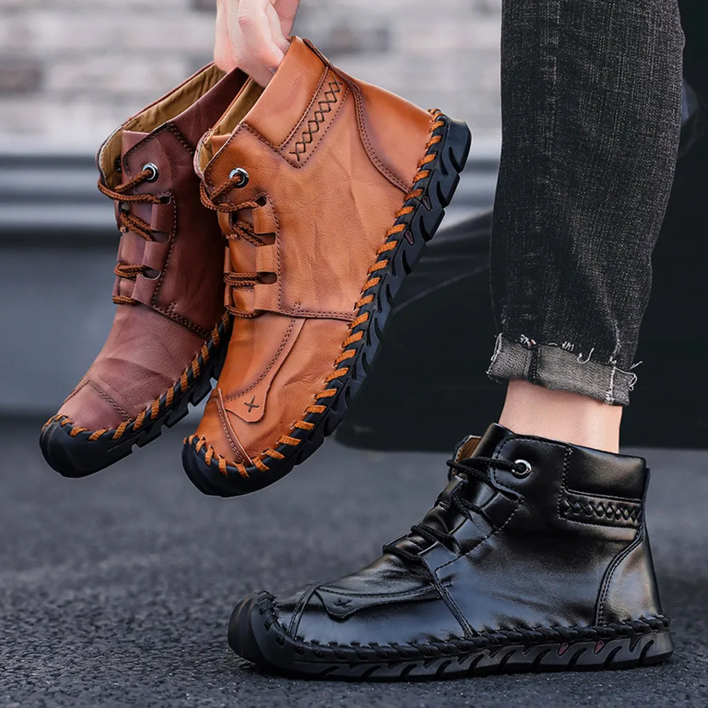 Fashion Men Shoes Large Size British Style Hand-Stitched Casual Warm Non-slip Boots warm shoes men Comfortable Brown Lazy | Обувь