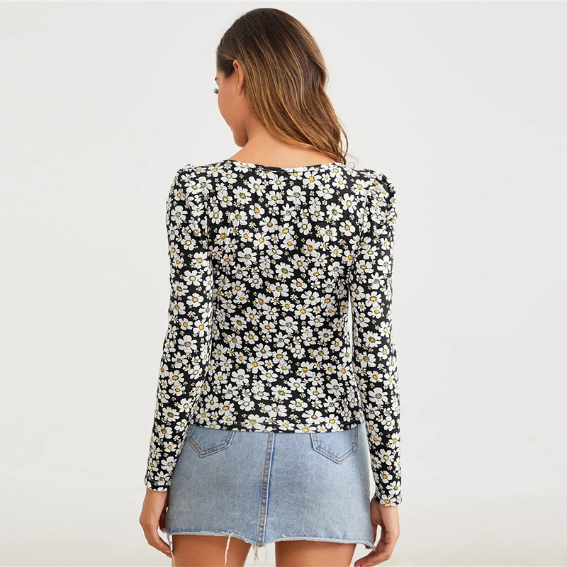 SHEIN, квадратная горловина, Маргаритка, цветочный принт, облегающая футболка, женские топы, осенняя элегантная Офисная Женская футболка с длинными рукавами