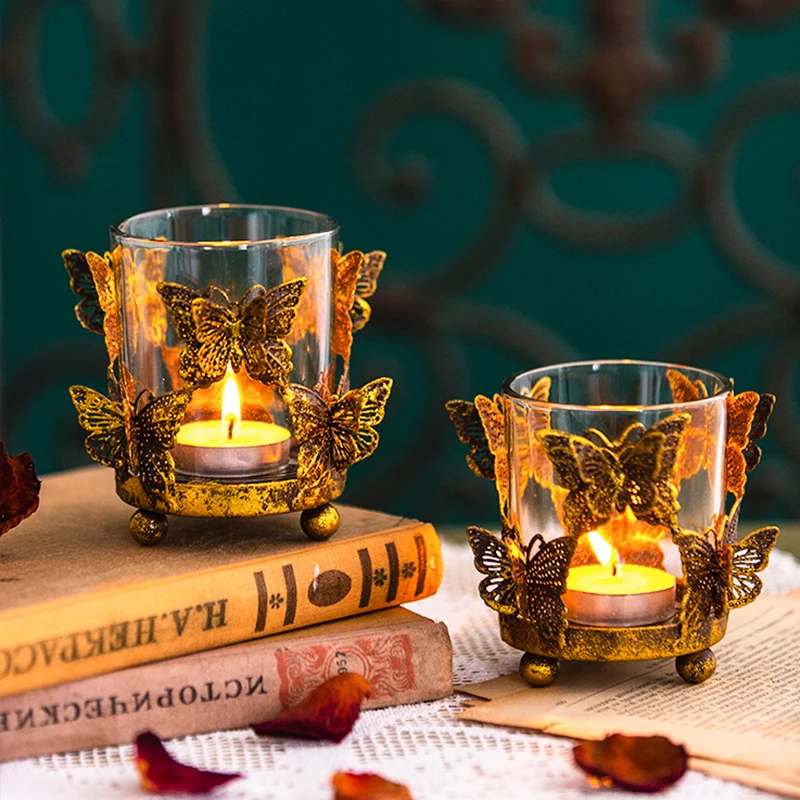 

Glass Candle Holder Nordic Restaurant Romantic Candlesticks Bottle Wedding Decoration Golden Iron Butterfly Candle Holder Cup
