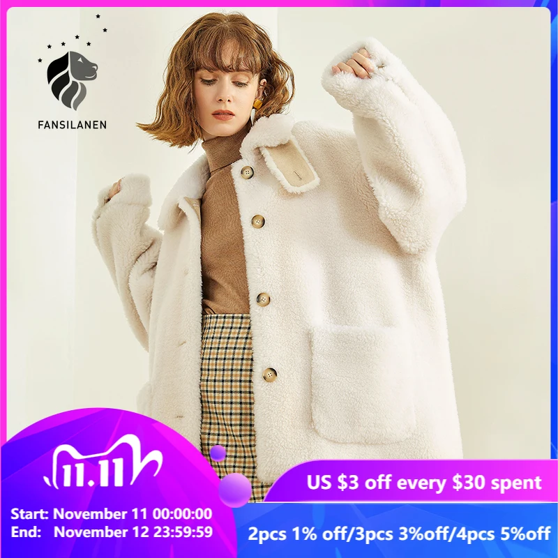 

FANSILANEN Double-faced Fur Teddy Coat Women Lamb Fur Wool Blends Faux Fur Coat Jacket Autumn Winter Casual Wram Furry Coat 2020