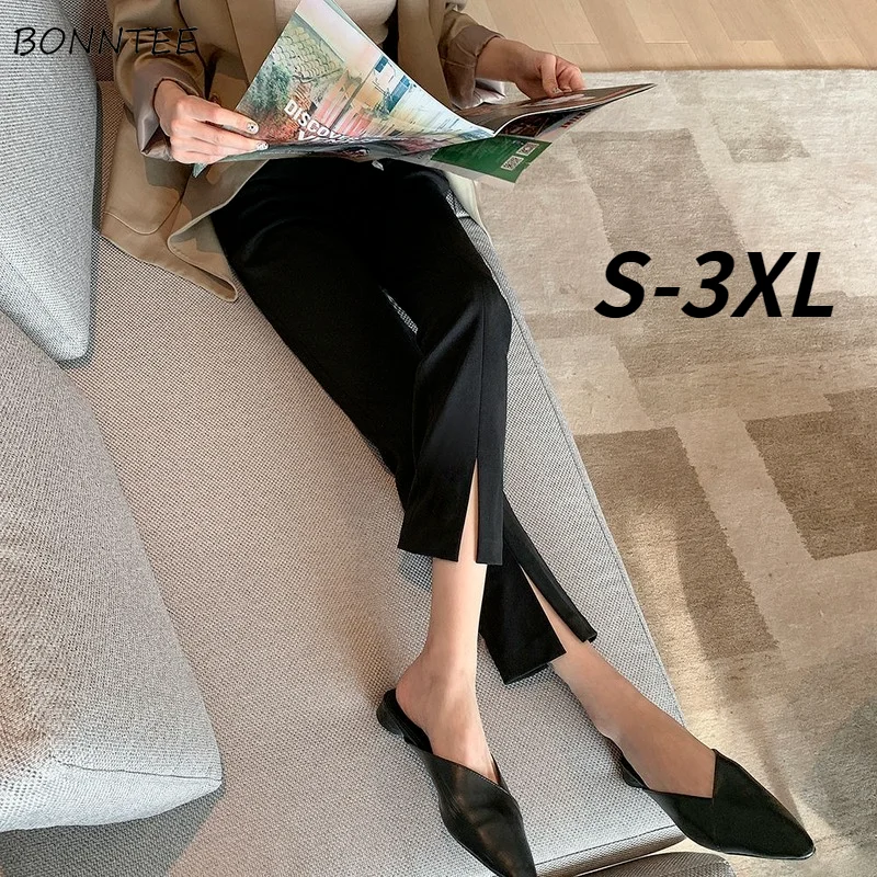 

Pants Women Side-slit Summer Ladies Clothes Straight Trousers High Waist All-match Simple Loose Korean Style Preppy Cozy Fashion