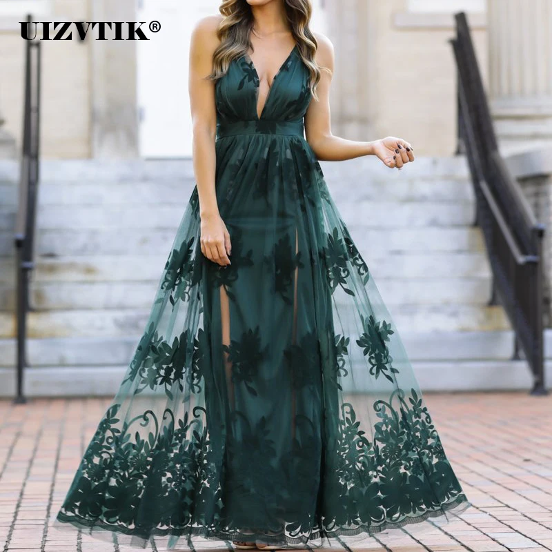 

Платье женское длинное с глубоким V-образным вырезом, открытой спиной и вышивкой