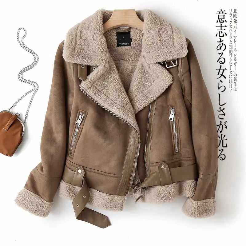 

FAKUNTN Women Winter Faux Shearling Sheepskin Fake Leather Jackets Lady Thick Warm Suede Lambs Short Motorcycle Brown Coats