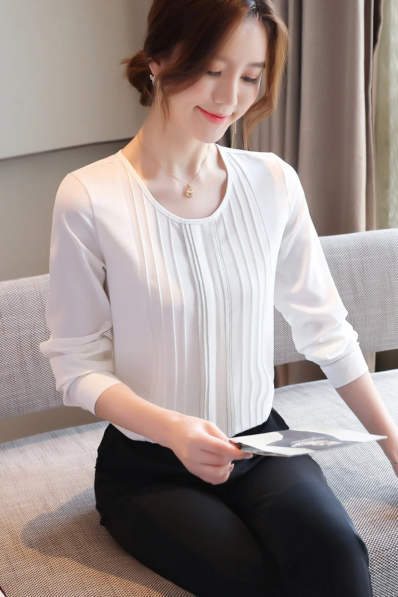 

COIGARSAM Full Sleeve blouse women New Spring Solid Chiffon blusas womens tops and blouses White 6166