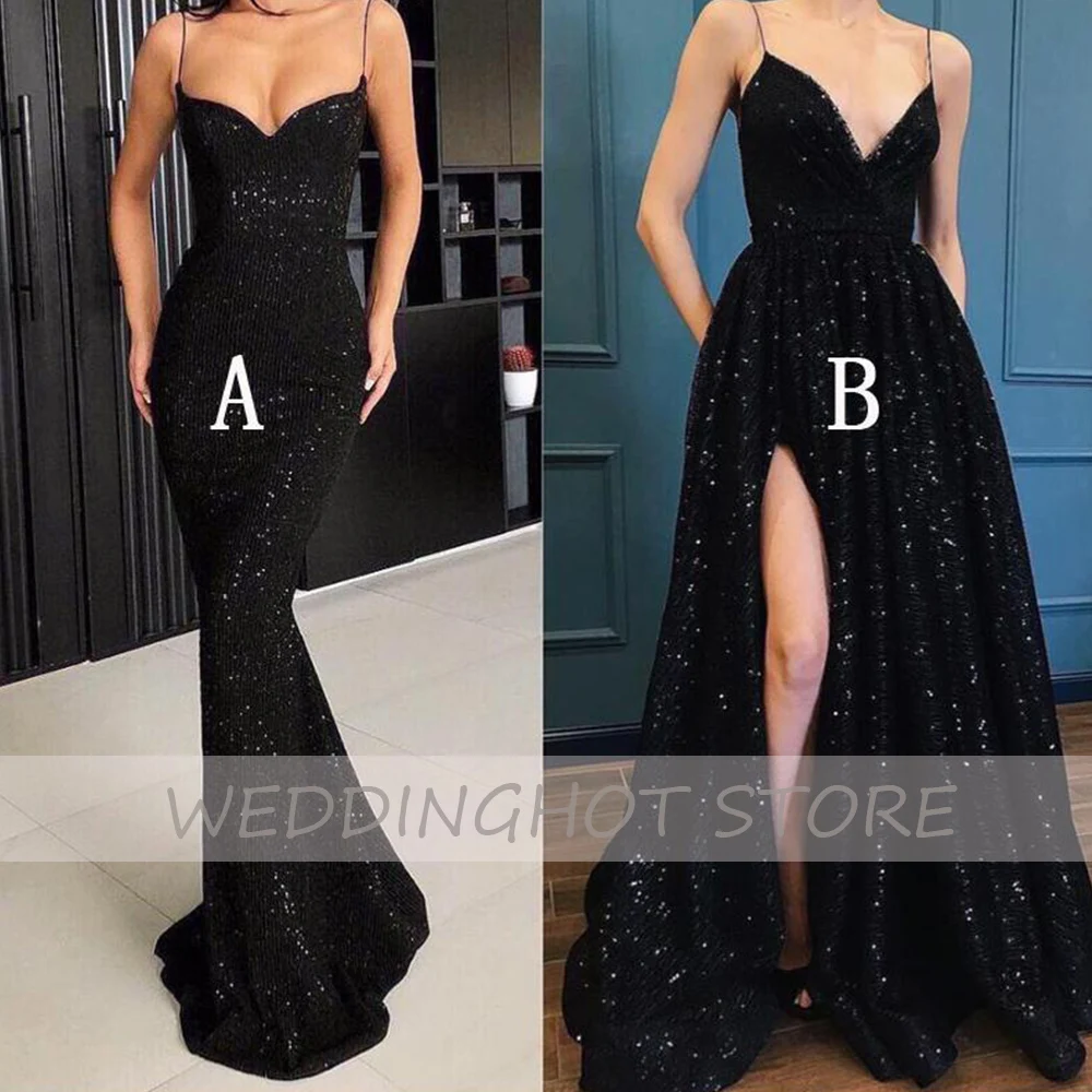 

Sequin Black Evening Dresses Long Luxury 2021 Elegant Mermaid Ball Gowns V-Neck Side Split Sexy A-Line Celebrity robes de soire