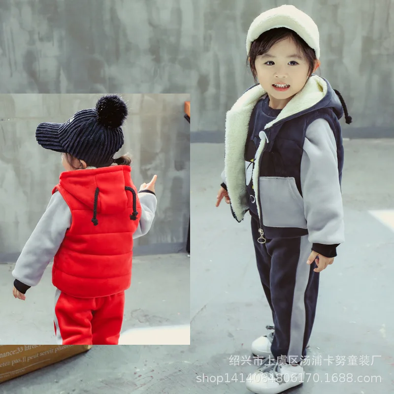 Baby Boys Girls Warm Set Winter Cartoon cat Kids Thickening Hooded Vest+Sweater+Pant Three-piece Sport Suits Children Clothing