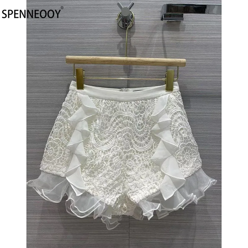 SPENNYMOOR 2021 Designer Brand Sexy Hollow Out Embroidery White Two Piece Set Women Off Shoulder Blouse + Ruffles Shorts