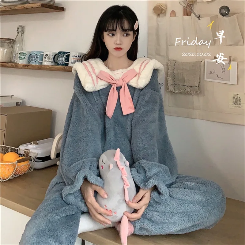 

Tracksuit Sweety Girly Kawaii Peter Pan Collar Bow Color Contrast Full Sleeve Ruffle Tops Fleece Home Pajamas Two-Piece Suit