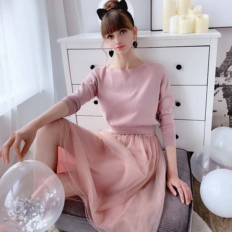 Dabuwawa розовый двухсекционный комплект платьев для женщин новая мода сетка сплошной Слэш шеи Сладкий оборками платье трапециевидной формы женское D18CSA015