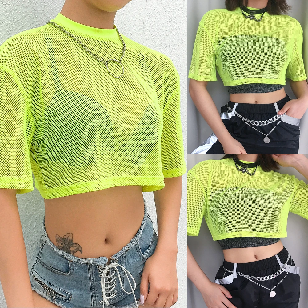 Women Bright Green Fishnet Crop Tops Summer Mesh See-through Tops Cropped Loose Short Sleeves T-Shirt Female Clubwear Fashion