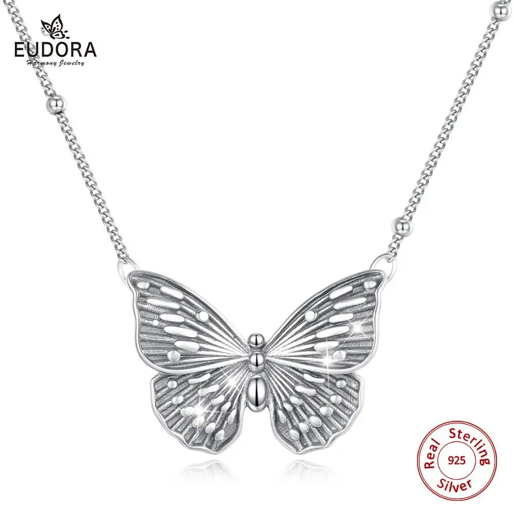 

EUDORA 925 Sterling Silver Flying butterfly Pendant Oxidized silver Chain Necklace Vintage fine Jewelry for Birthday Gift D591