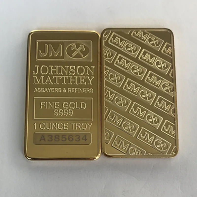 

5 Pcs Non magnetic Johnson Matthey JM Coin 1 OZ 24K Gold Plated Badge 50 x 28 Mm Decoration Bar With Different Serial Number