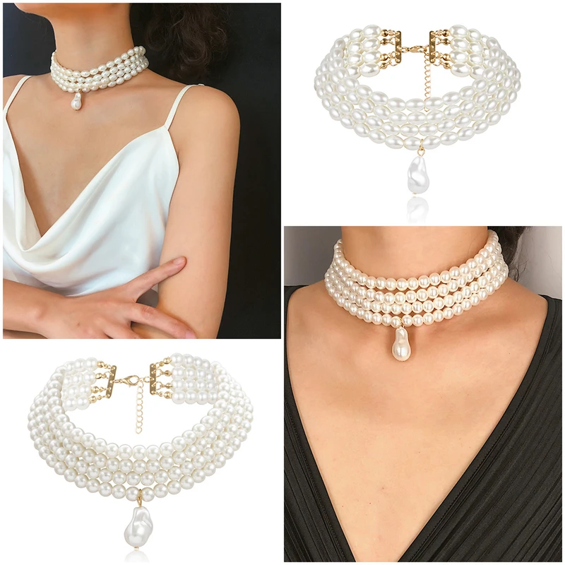 

Multi-layer Geometric Strand Necklace Rice-shaped Pearl Pendant All-match Choker Chains Women Fashion Elegant Charm Jewelry