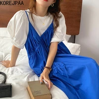 korejpaa women sets 2021 summer korean chic western style round neck loose puff sleeve t shirt design pleated suspender dress