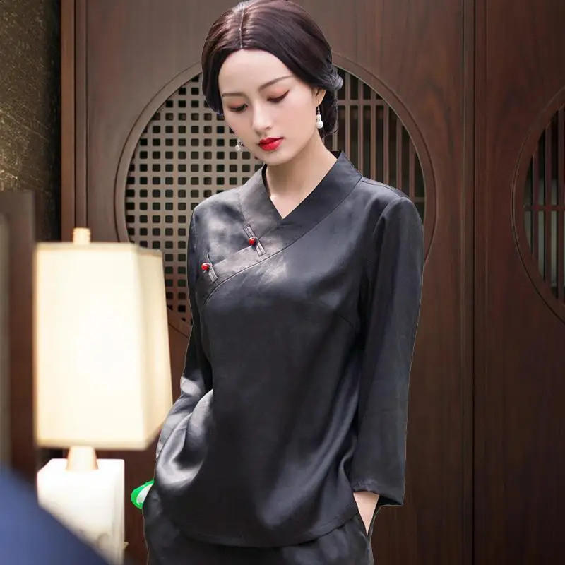 

Two-piece Chinese style high-end satin coat women's 2021 spring short improved Chinese style buckle Tang dress women's clothing