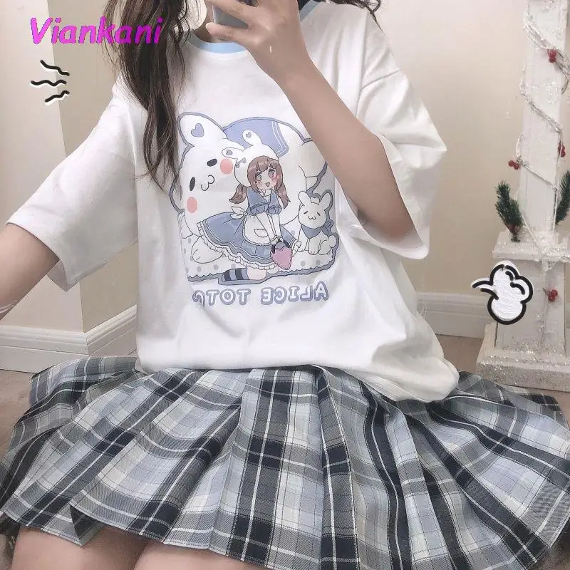 

Kawaii Anime T-shirt Women 2021Japanese Streetwear Short Sleeve T-shirt with Prints Women Summer Kawaii Top White Sweet Tee Tops